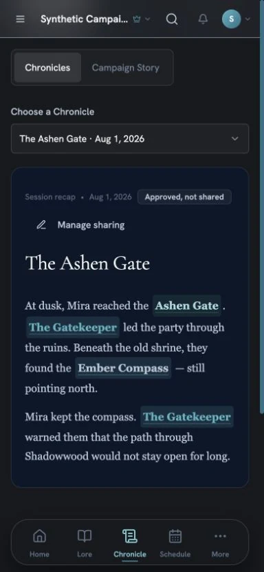 Tale&Lore on mobile: the Ashen Gate Chronicle with linked characters, places and items, and bottom navigation.
